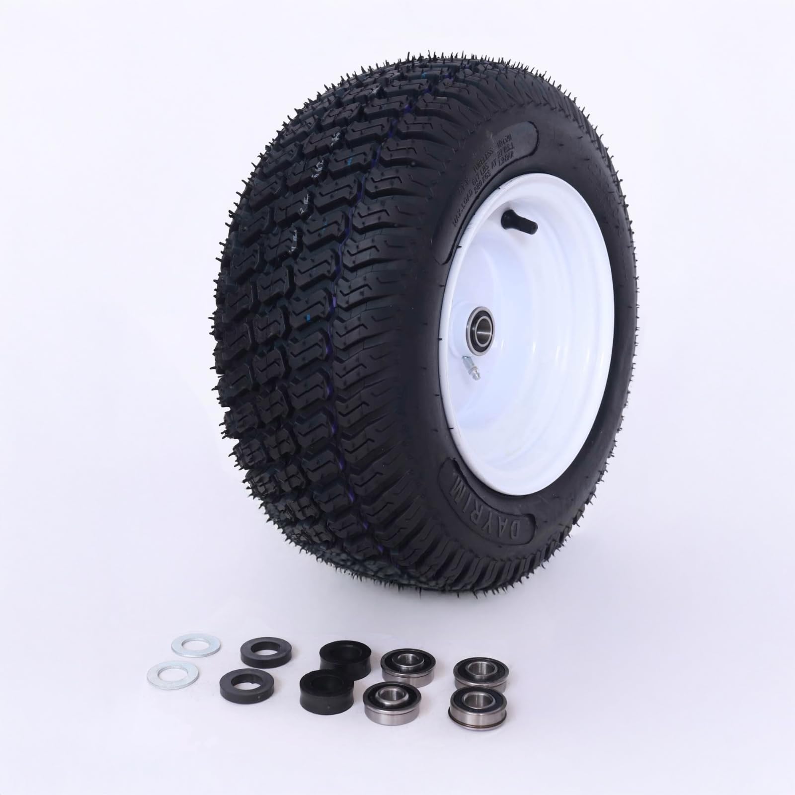 Dayrim 2 neumáticos para cortacésped de 16 x 6.50-8 con borde blanco, 4 capas sin cámara, cubo de desplazamiento de 3 pulgadas, rodamiento de orificio de 3/4 pulgadas, montaje de ruedas y neumáticos