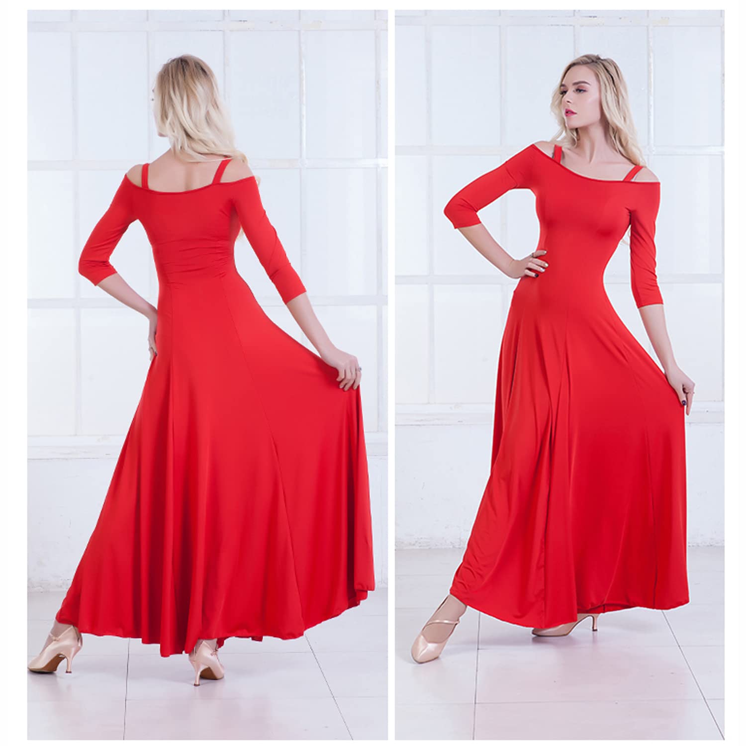 Women's Ballroom Dance Dresses Smooth Milk Silk Modern Waltz Flamenco Dance Dress Classic Exquisite Tango Foxtrot Dancewear Costume,Red,XL