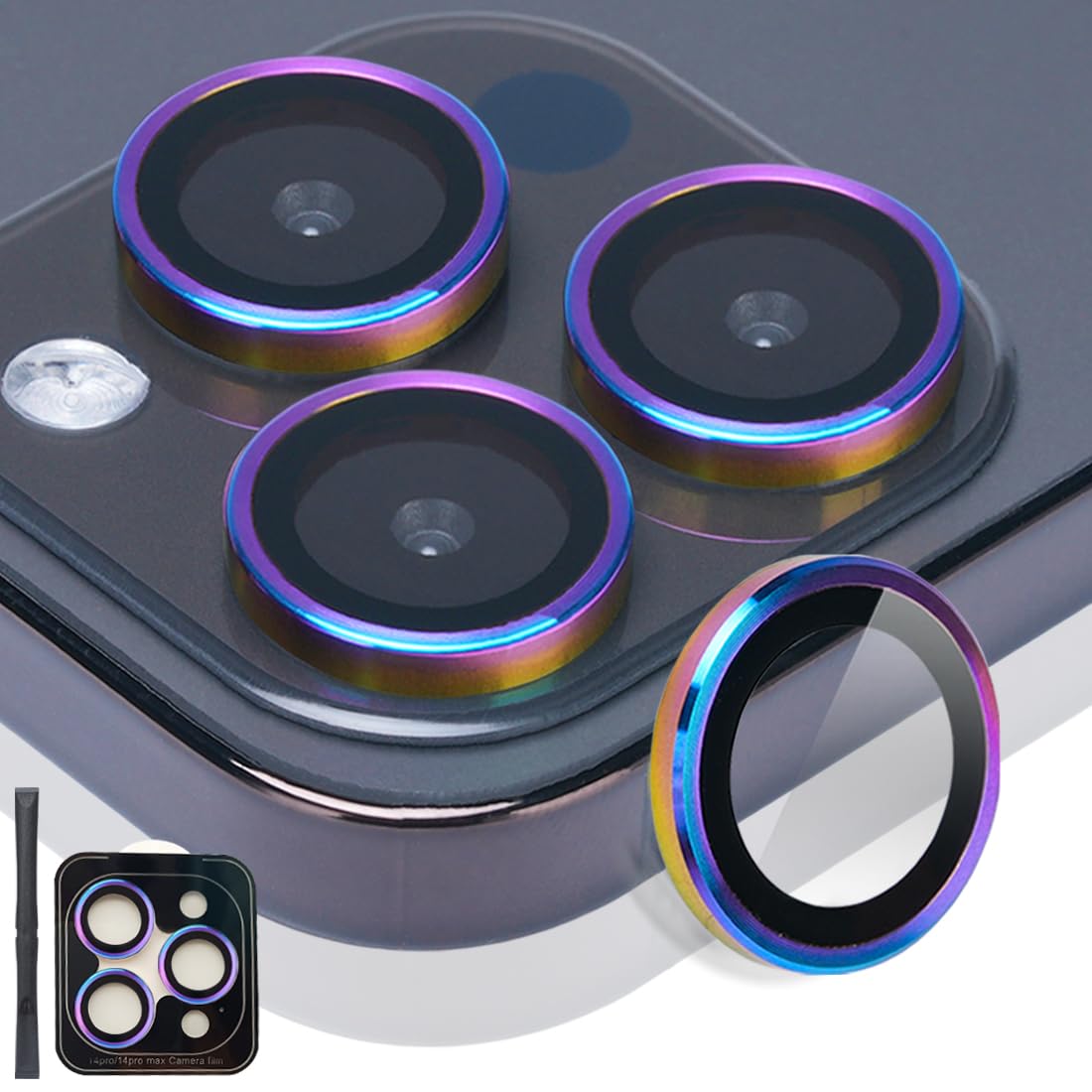 Rayorcon Camera Lens Protector for iPhone 14 Pro/Max, Tempered Glass, Aluminum Alloy Ring, Colorful