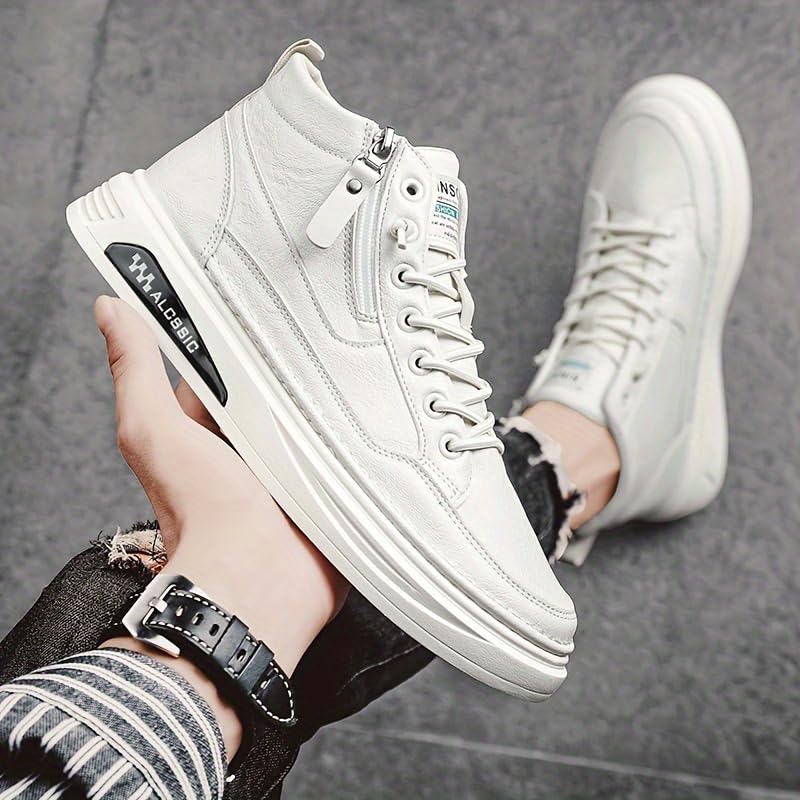 Trendy Faux Leather Men's High Top Skate Shoes with Elastic Shoelace and Zipper, Non Slip Comfy Casual Shoes for All Seasons Outdoor Traveling Street Walking2