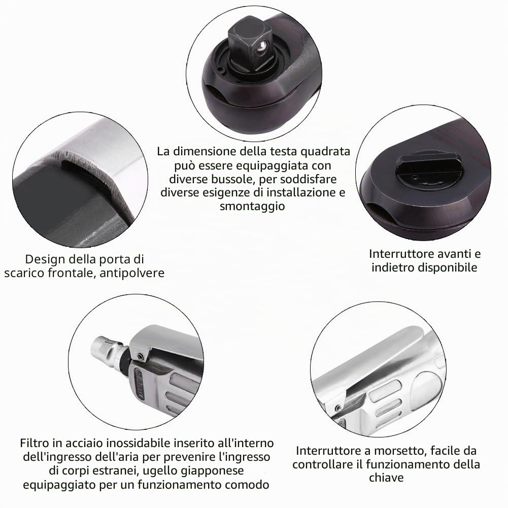 Bediffer Chiave a cricchetto pneumatica Chiave a cricchetto pneumatica per impieghi gravosi Strumento manuale per riparazione di manutenzione a testa quadrata(1/2" square head 12.5mm)