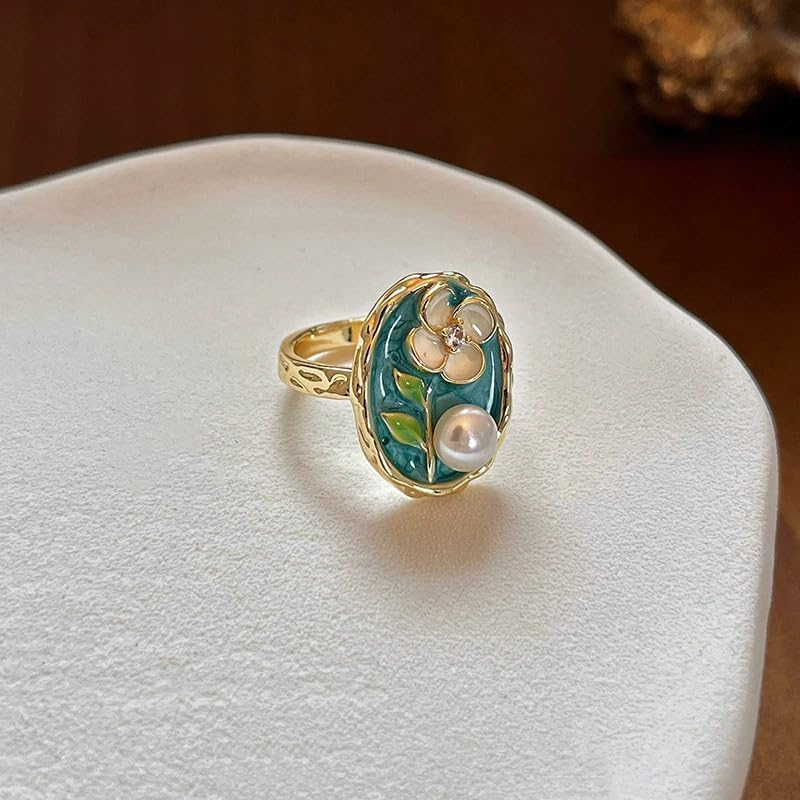 Vista 5 de Anillos abiertos de perlas esmaltadas de moda para mujer, chapados en oro de 14 quilates, diseño de hojas florales vintage, anillo de boda apilable
