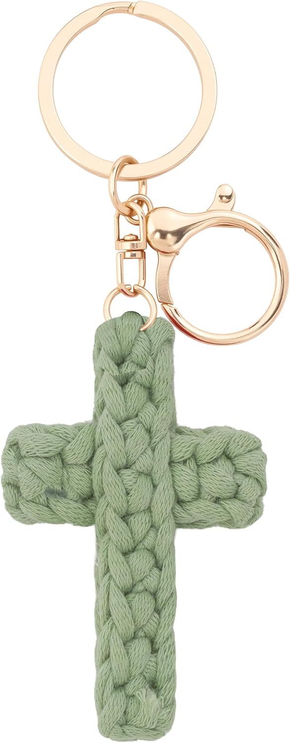 Macrame Cross Keychain,Jesus Key Chain Christian Car Accessories Handmade Soft Cross Keychain Charm Cute Baptism Faith Inspired Boho Decor