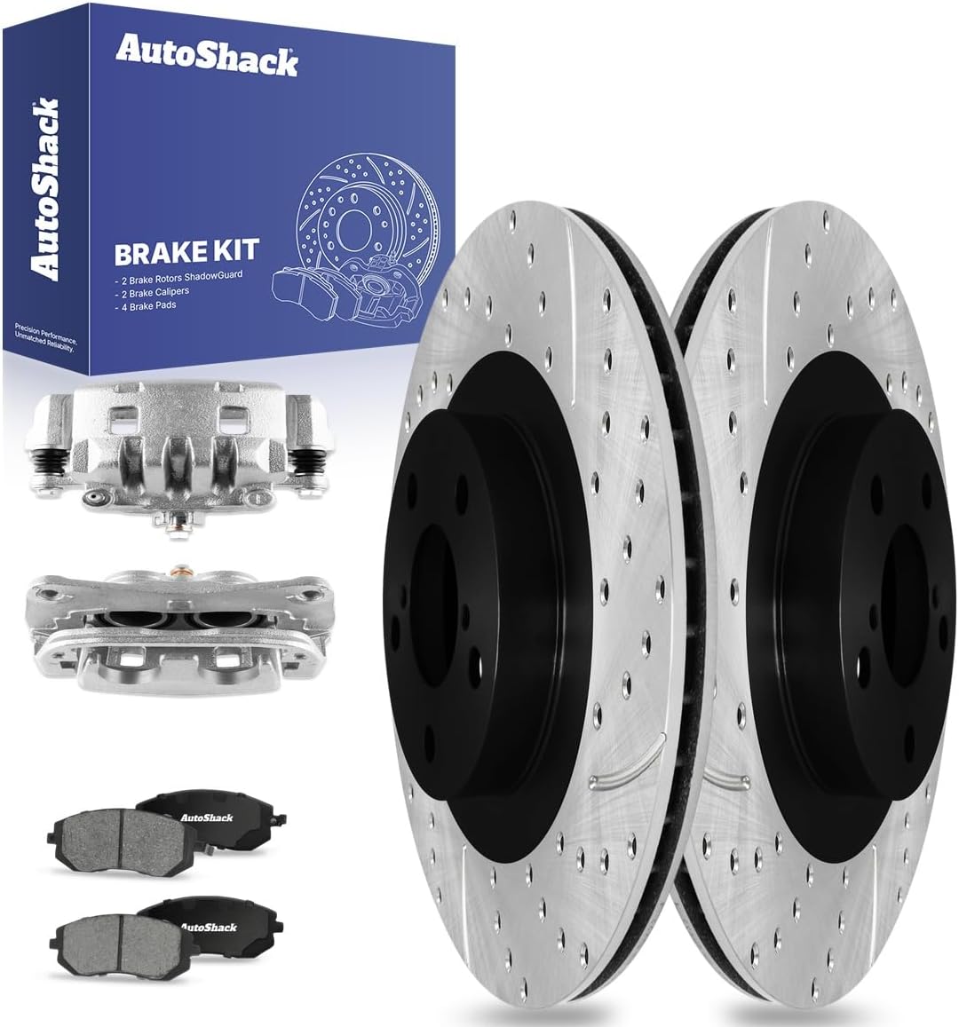 AutoShack Front Vented Drilled & Slotted E-Coated Brake Rotors + Ceramic Pads + Calipers 8-PC Brake Kit Replacement for 2003-2008 Subaru Forester 2008 Subaru Impreza ShadowGuard 11.55" (293.4 mm)