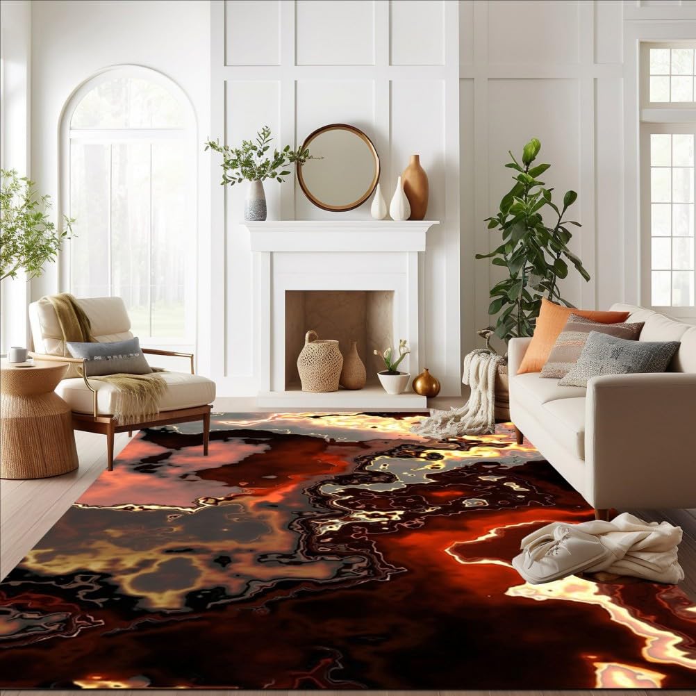 Brown Red Gold Marble Swirl Modern Abstract Area Rug 6x9 Machine Washable Soft Thick Deco Rugs for Livingroom Bedroom Diningroom Non Shedding