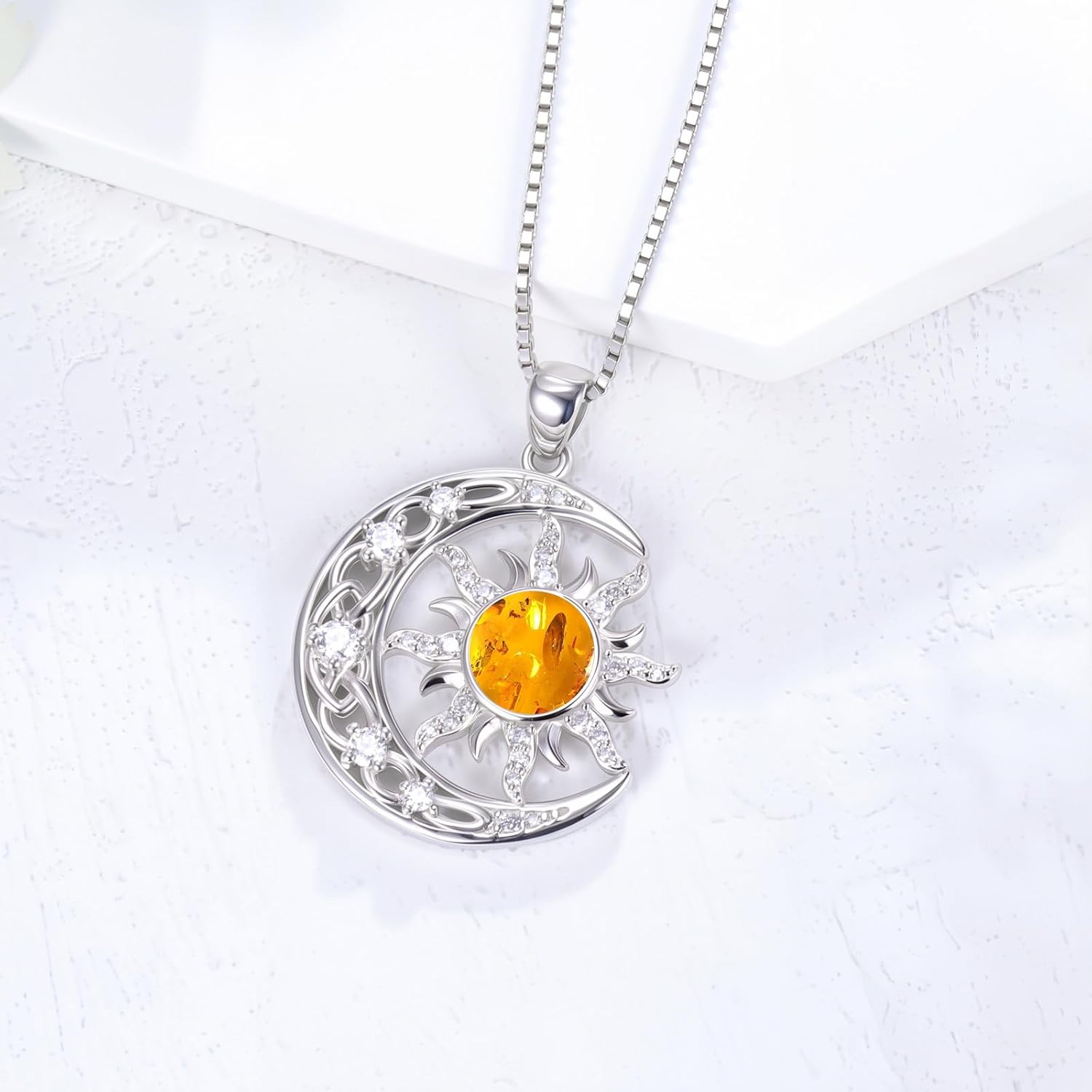 Celtic Knot Crescent Moon and Sun Necklace, 925 Sterling Silver Natural Amber Pendant, Mystical Celestial Jewelry Gift for Women - Image 3