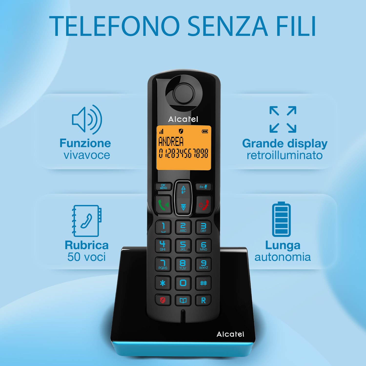 ALCATEL S280 - Telefono Fisso Cordless DECT - Design Compatto - Grande Display Retroilluminato - Vivavoce - Funzione Blocco Chiamate - Rubrica da 50 Contatti - Nero/Blu