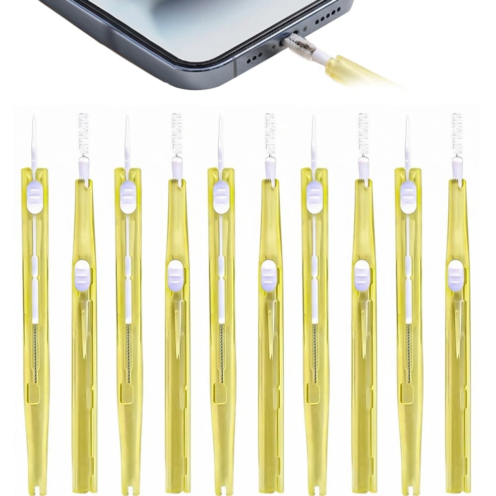 10 Pcs Phone Cleaning Kit, Retractable Charging Port Cleaner Tool, Anti-Static Dust Remover Brush for Smartphone Speakers, Earbuds, Type-C & Phone Ports, Electronics Maintenance (Yellow)