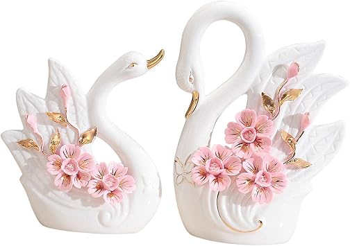Milageto 2 Pieces White Swan Figurines, Ceramic Swan Statue Sculpture, Ornament for Home Living Room Decor, Wedding Gift, Style C