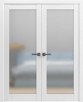 French Double Frosted Glass Doors 36 x 80 | Planum 2102 White Silk | Frames Trims Satin Nickel Hardware | Bedroom Bathroom Solid Core Wooded Panels