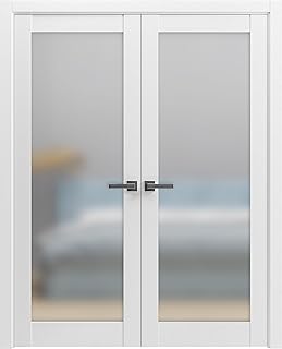 Solid French Double Doors 72 x 80 inches Frosted Glass | Planum 2102 White Silk | Wood Solid Panel Frame Trims | Closet Bedroom Sturdy Door