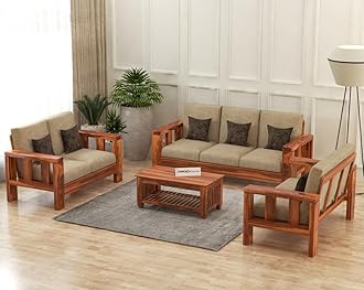 SAAMENIA FURNITURES Solid Sheesham Wooden 7 Seater Sofa Set With 40 Density Cushions For Living Room Furniture - Honey Finish, Brown