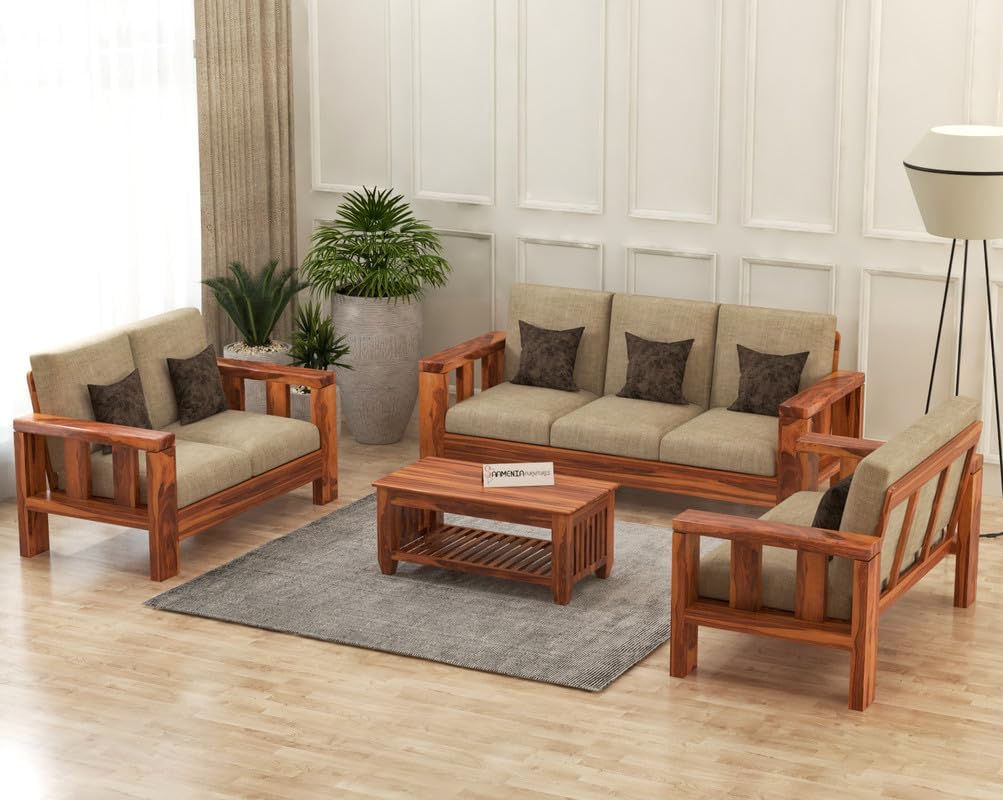 Solid Sheesham Wooden 7 Seater Sofa Set With 40 Density Cushions For Living Room Furniture - Honey Finish, Brown