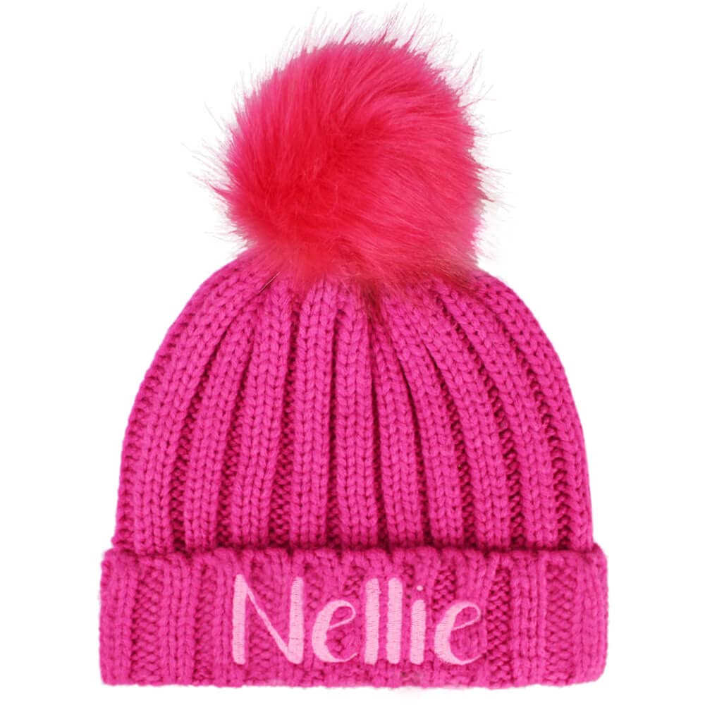 TeddyT's Personalised Girls Soft Bobble Hat with Pom Pom (2-4 Years) (Pink)