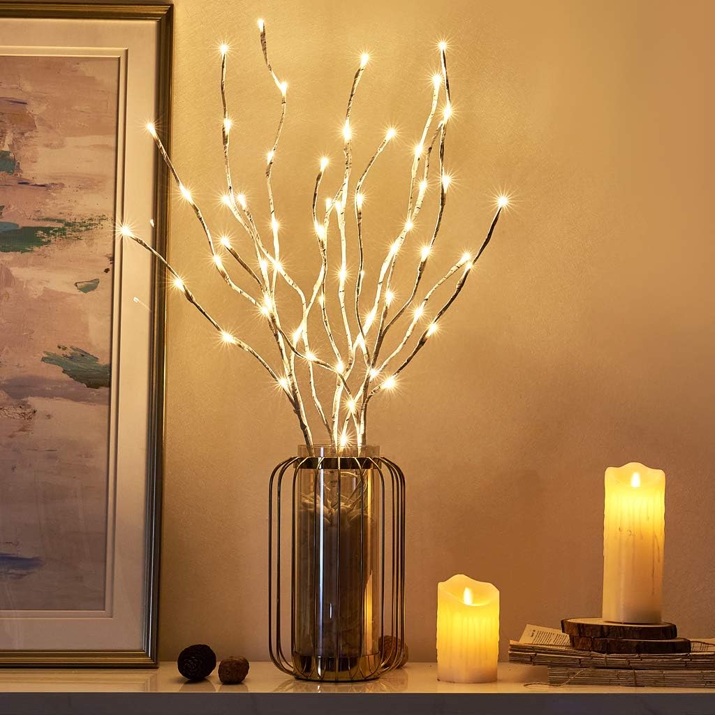 EAMBRITE Pre Lit White Birch Twig Branch Lights 30IN 60LT Plug in Lighted Willow Branch for Home Holiday Party Wedding Spring Decoration Indoor and Outdoor Use (Vase Excluded) 3pk birch branches