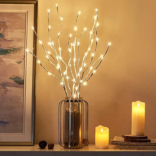 EAMBRITE Luces de Rama de Abedul Blanco Preencendidas 30 PULGADAS 60LT Enchufe en Rama de Sauce Iluminada para Hogar Fiesta Navidad Boda Decoración