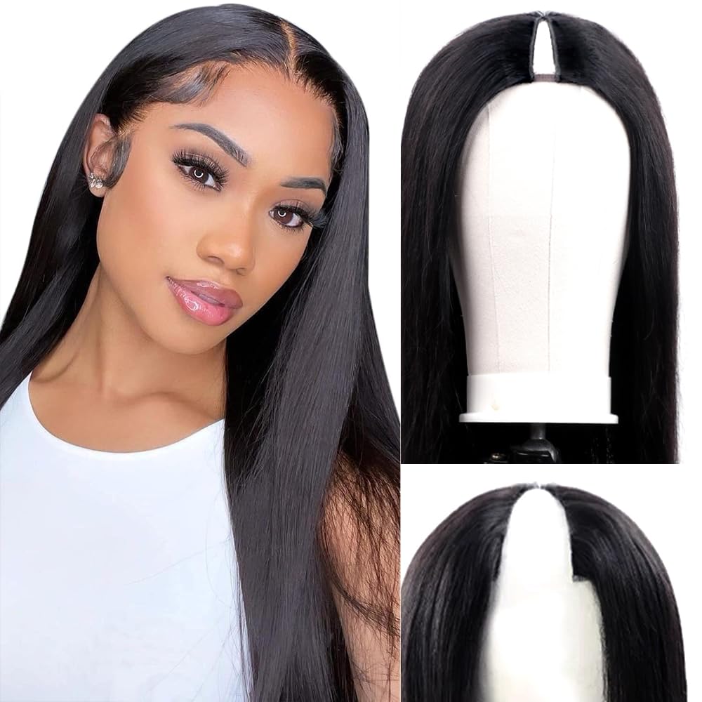 200% Density V Part Wig Human Hair with Drawstring Straight Brazilian Virgin Glueless Wig Human Hair for Black Women Upgrade U Part Wigs Full Head