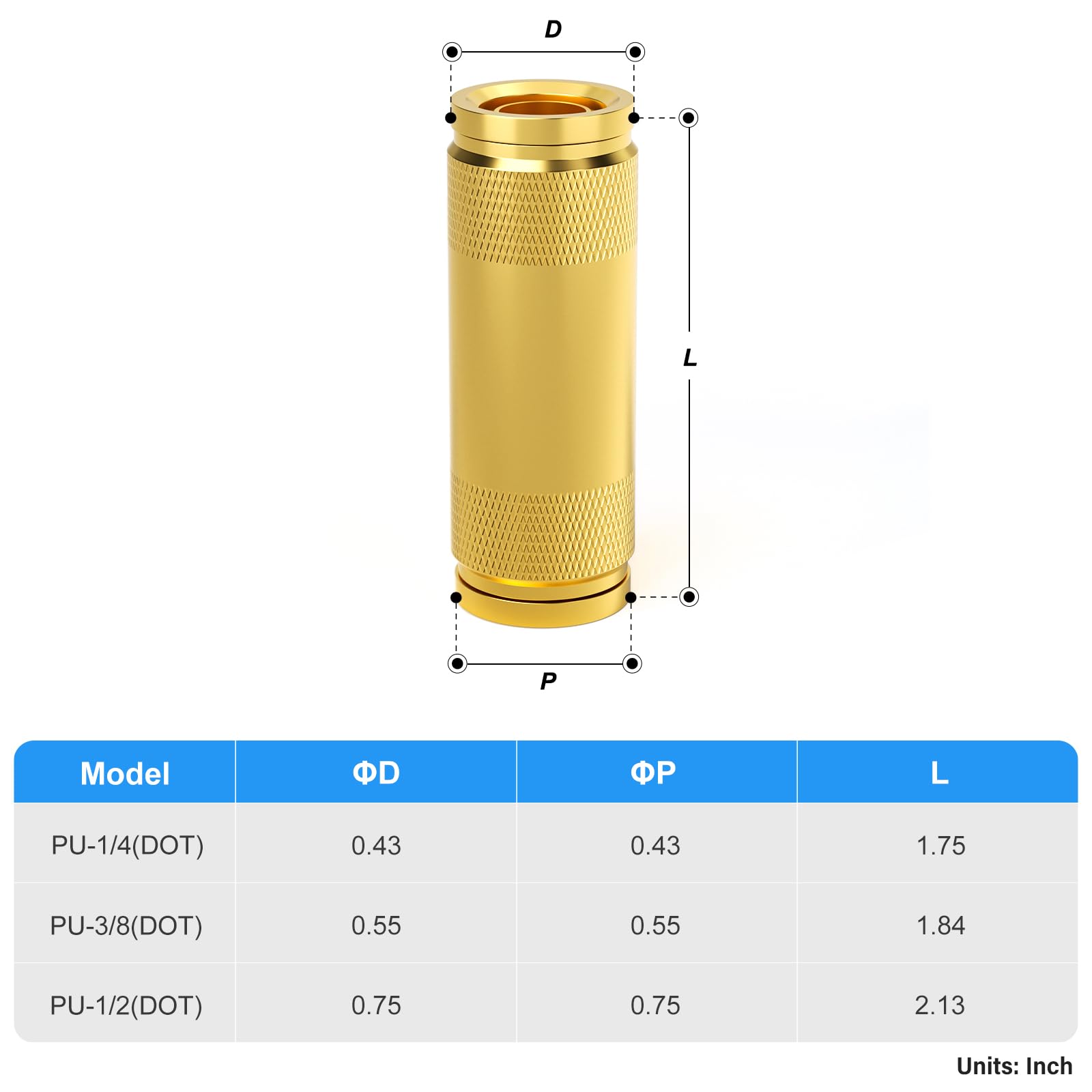 TAILONZ PNEUMATIC Raccordo pneumatico DOT da 1/4" 3/8" 1/2" OD Raccordo pneumatico DOT, raccordi a spinta in ottone, raccordi per tubo dell'aria, raccordi a collegamento rapido per compressore,