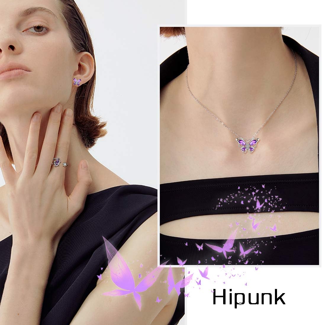 925 Sterling Silver Birthstone Butterfly Jewelry Women Crystal Animal Cute Butterflies Birthday Necklace/Earring/Ring/Bracelet Sets Birth Stone Statement Anniversary Jewellery - Image 2