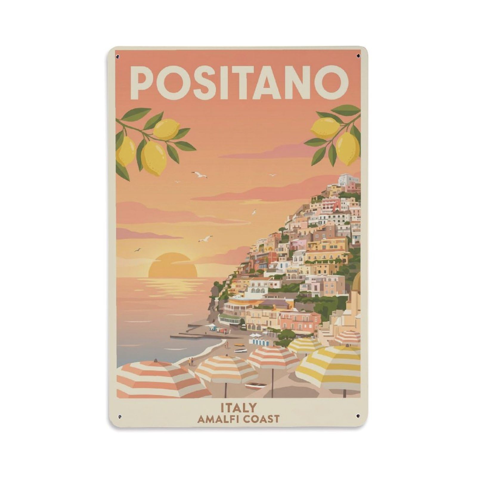 Vintage Travel Positano Italy Peach Metal Tin Sign Plaque Wall Decor for Cafe, Club Bar, Office, Garden Metal Poster 8x12Inch