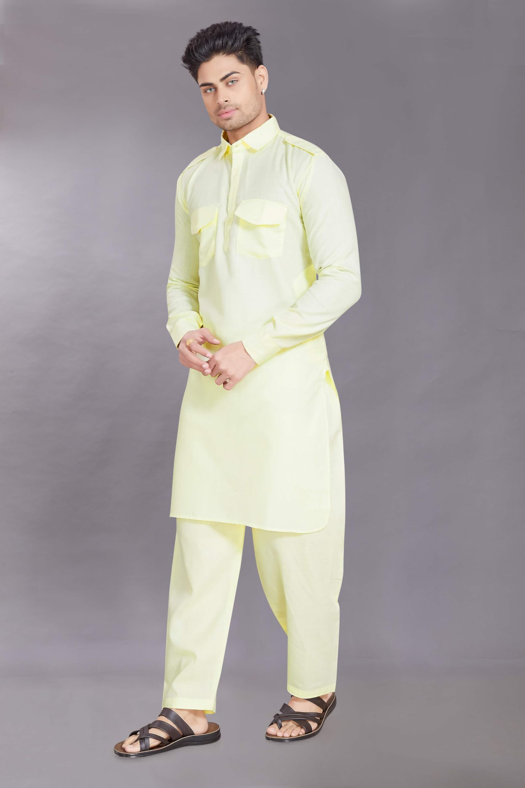 Divisive Men's Cotton Blend Pathani Kurta Pyjama Set (Dkrt453_Xl_Yellow)