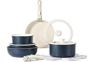 CAROTE Blue Granite 15-Piece Non-stick Pots and Pans Set with Detachable Handle