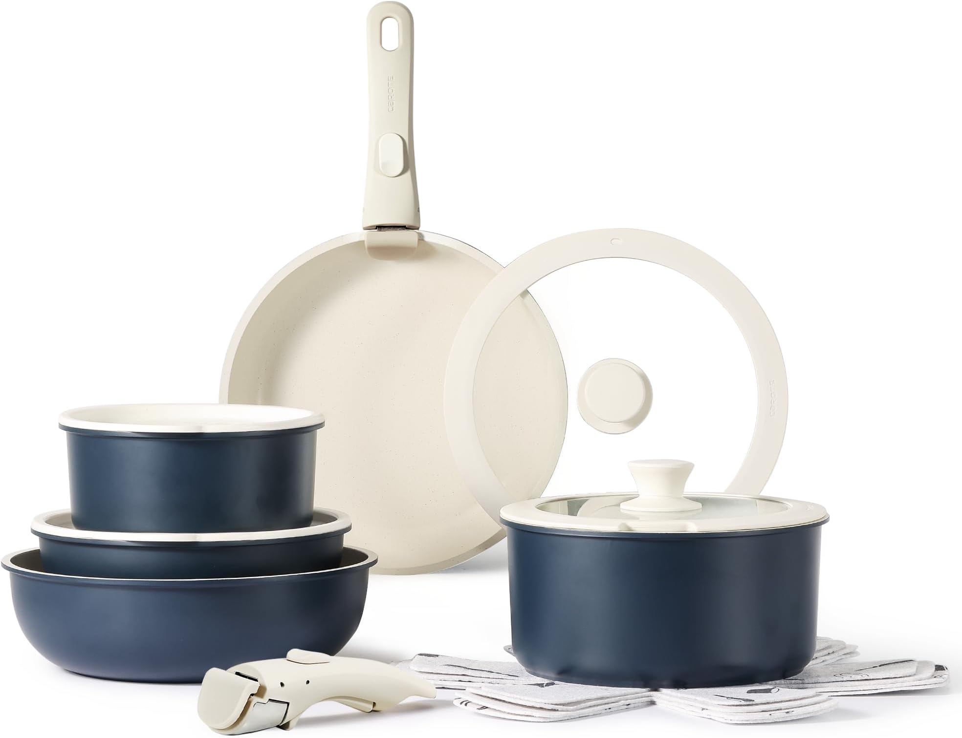 CAROTE 15pcs Pots and Pans Set, Nonstick Cookware Set Detachable Handle, Induction Kitchen Cookware Sets Non Stick with Removable Handle, RV Cookware Set, Oven Safe, Dark Blue