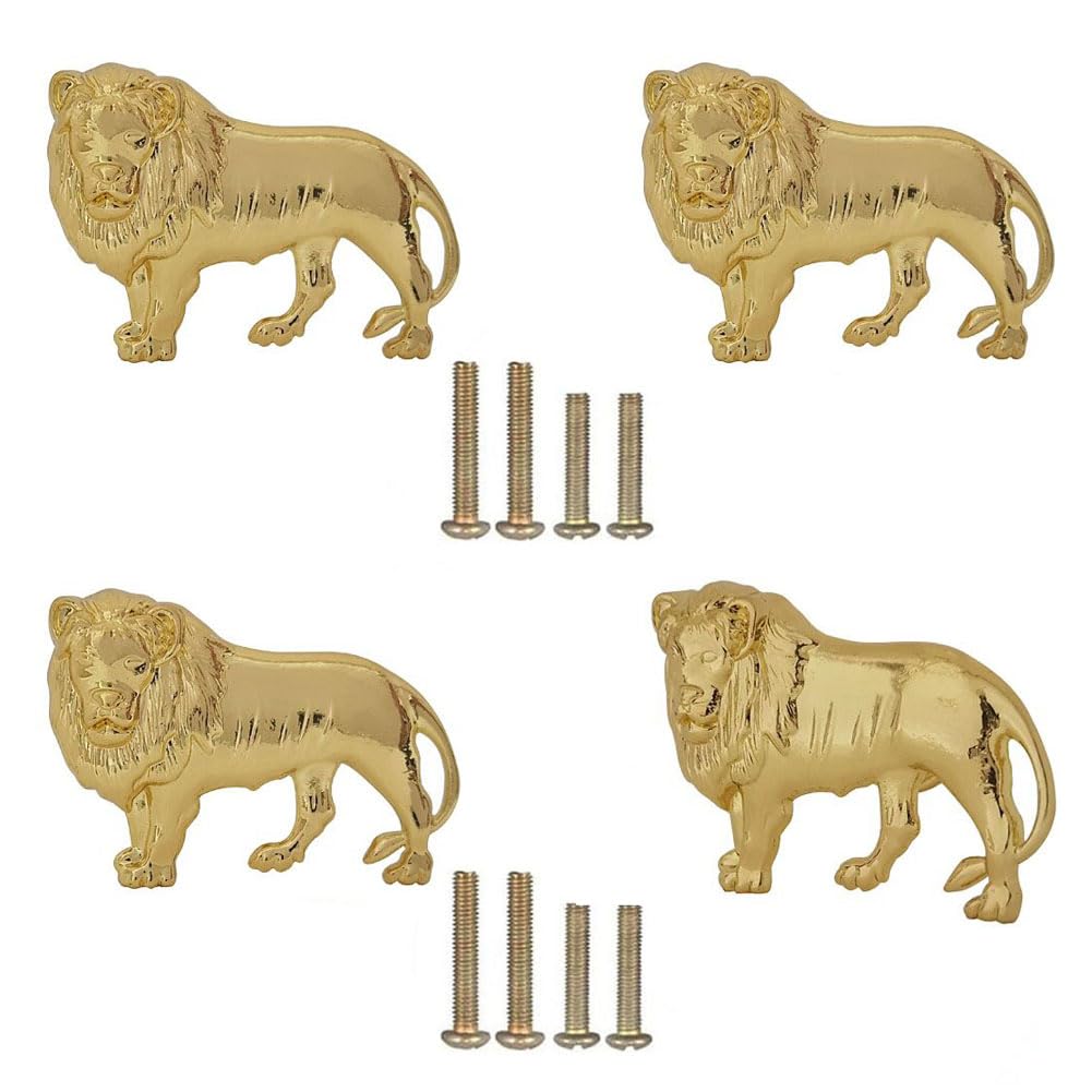 Hetyskluy 4 Pcs Lion Cabinet Knobs, Lion Drawer Knob Handle, Gold Metal Zinc Alloy Single Hole Pull, Animal Lion Decorative Knob for Dresser, Bookcase