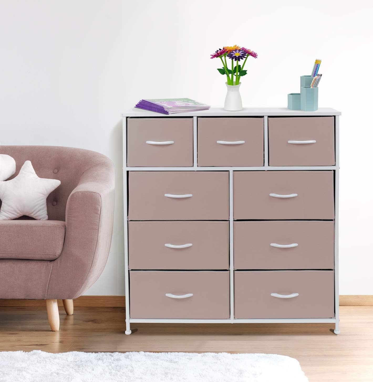 Sorbus Dresser with 9 Drawers - Furniture Storage Chest Tower Unit for Bedroom, Hallway, Closet, Office Organization - Steel Frame, Wood Top, Tie-dye Fabric Bins (Solid Pink, Solid) : Home & Kitchen