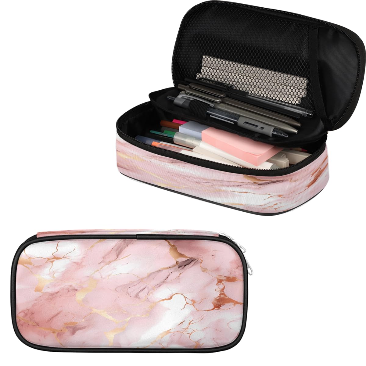 Large Capacity Pencil Case - Pink Rose Gold Marble Print Pen Bags Durable Pencil Pouch for School Students Boys and Girls