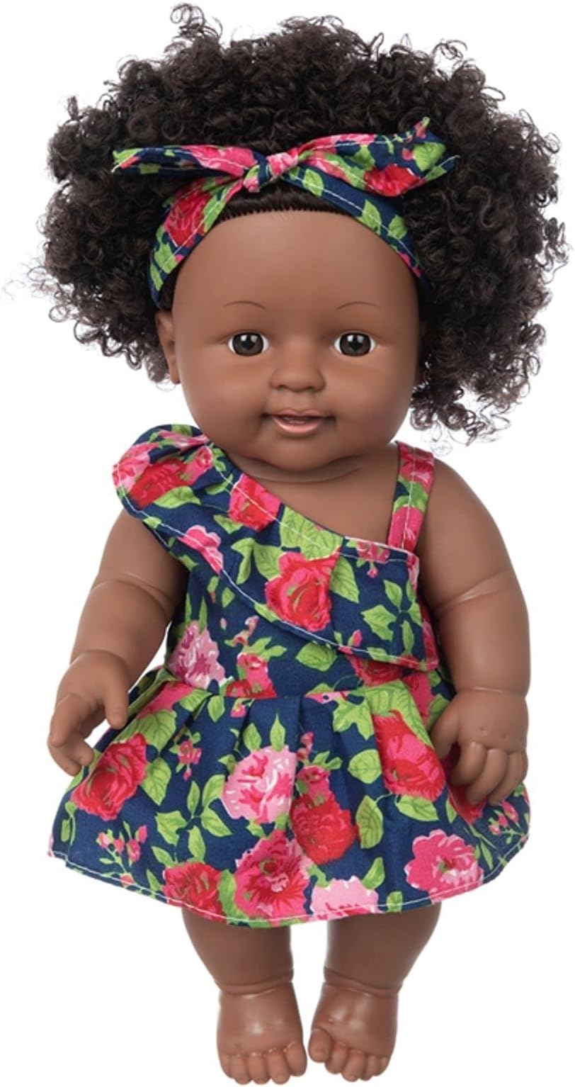 ZNTWEI Black Doll and Baby Girl Doll Clothes Set 11.8 Inch African Silicone Girl Dolls with Rose Dress and Headband Best Gift for Girls