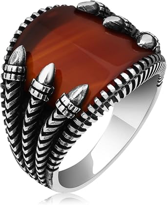 Agate Aqeeq Men Ring, Men Silver Ring 925 With Stone, Turkish Ring Man, Claw Design Ring, Red Stone Ring For Men