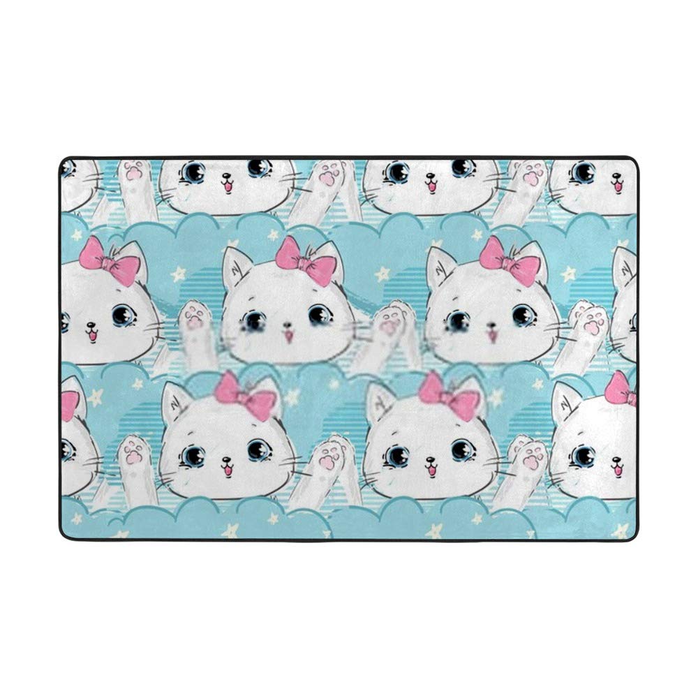 Tapis motif chat mignon Ruchen : grand tapis de salon bleu en velours corail