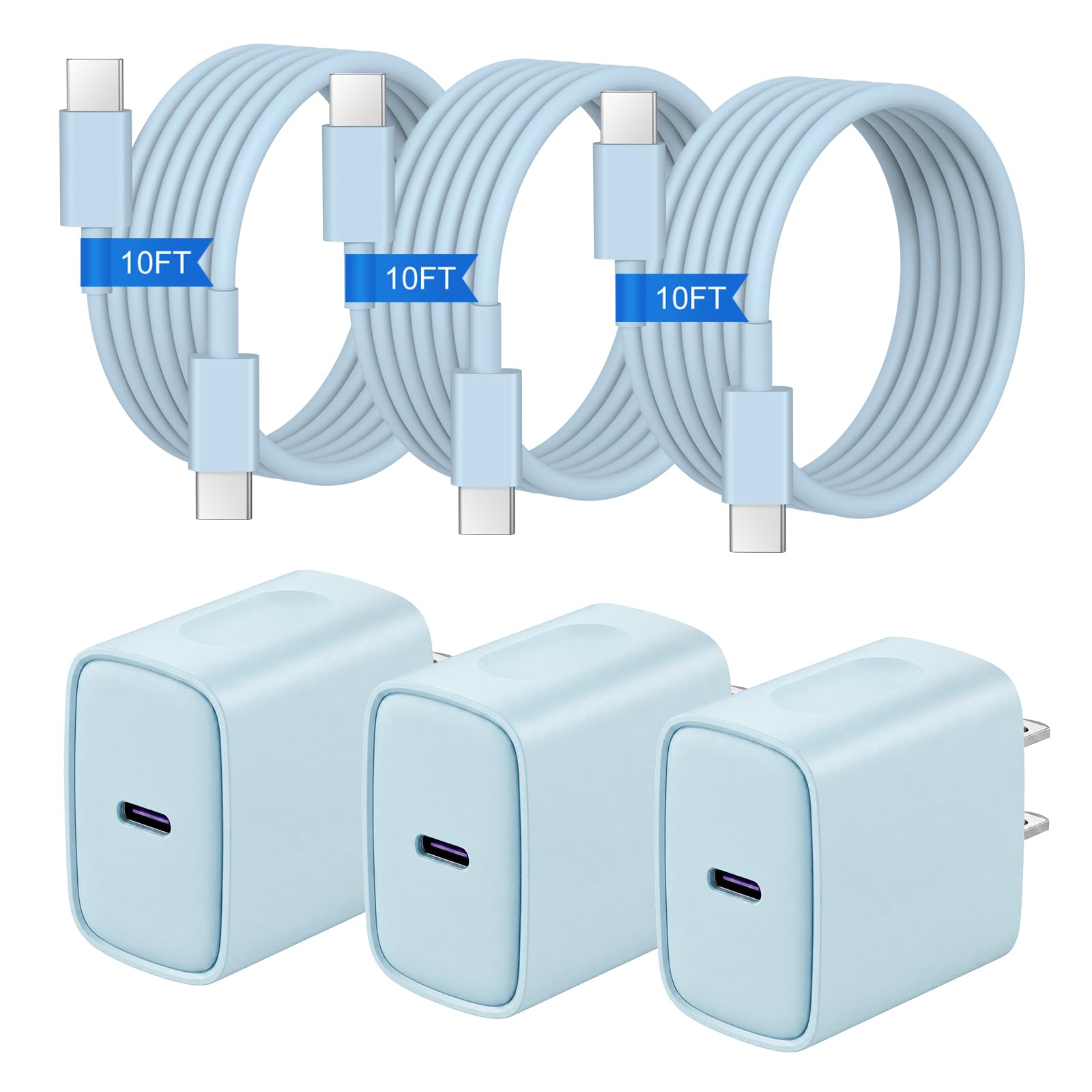 iPhone Duo Charger,iPhone 18 17 16 15 Charger & 10FT Cable 3+3Pack -Blue