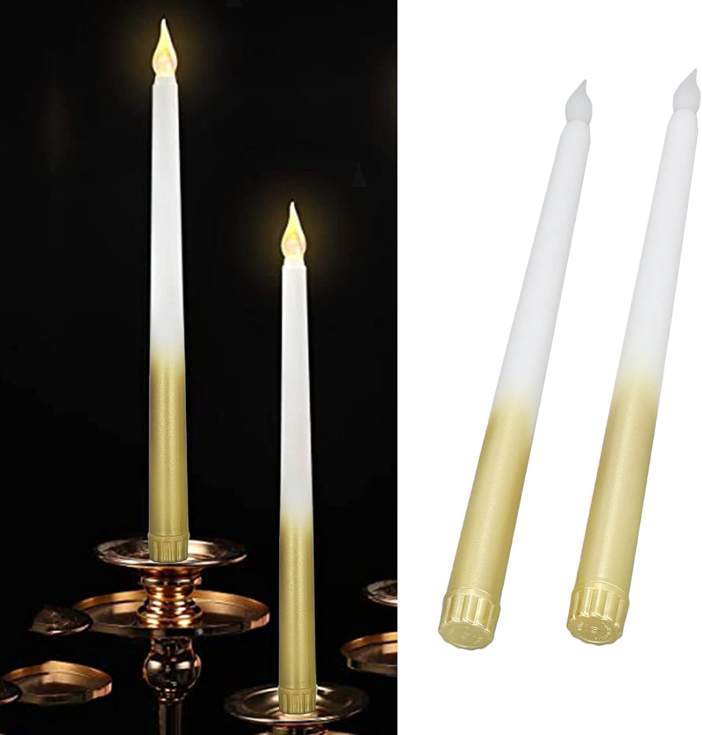 Flameless Taper Candles, 2 Pcs Battery Operated Realistic LED Taper Candles with Flickering Warm Yellow Flame Dripless Electric Decorative Led Candles for Home, Christmas, Wedding(half spray gold)
