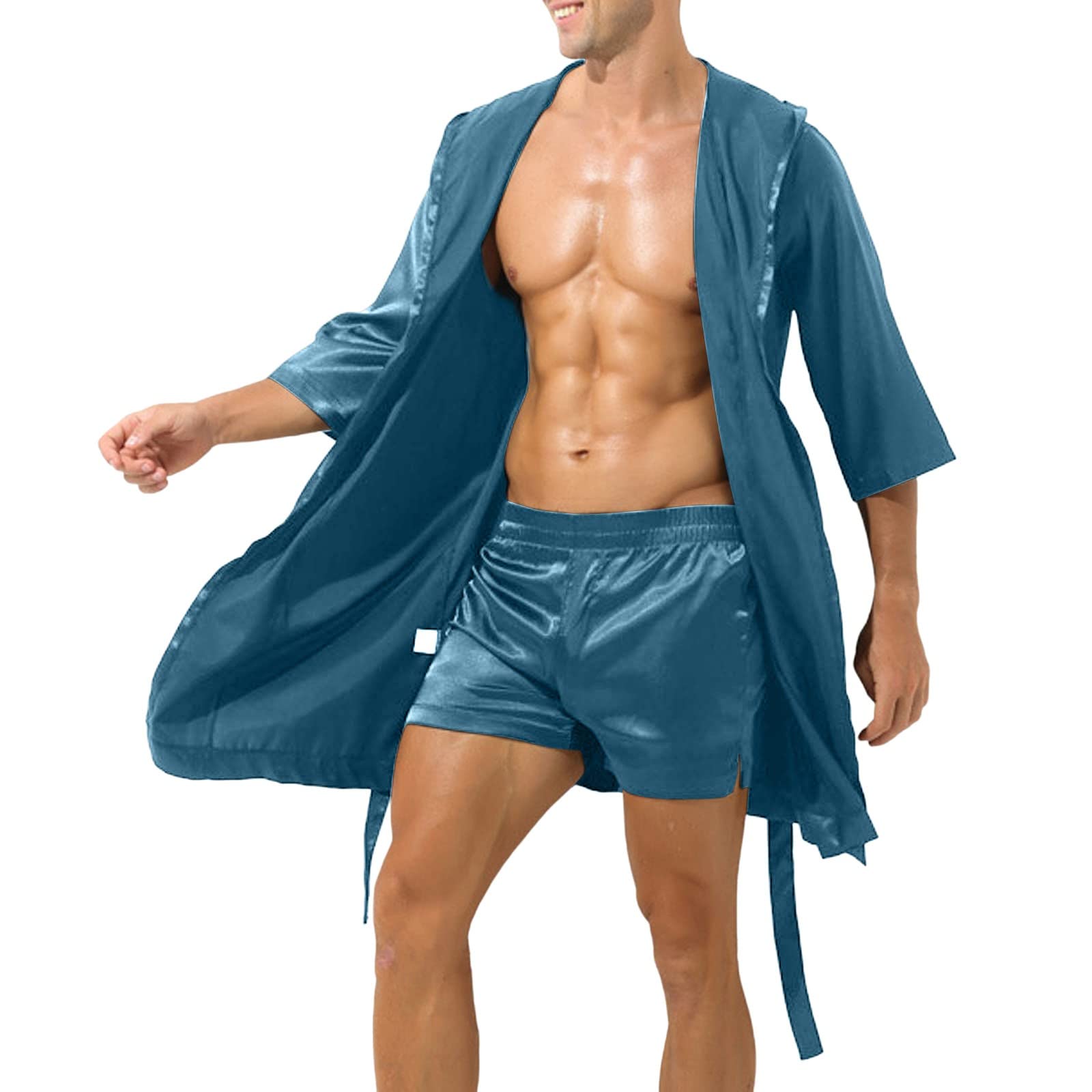 LOIJMK Bata de seda para hombre, kimono de satén, cómoda, cuello en V, bata de sauna, con cinturón, sexy, camisón de salón, traje de casa, bata de satén para hombre, bata de dormir corta y ligera, satén