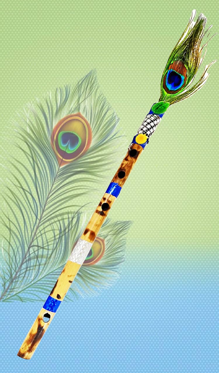 Awadh Bamboo Flute (pack of 1) | Bansuri | Natural Medium Scale | for Professional/Beginner Basuri | Traditional flute with Peacock feather | Bans 16 inch Bamboo Bansuri with peacock feather flute