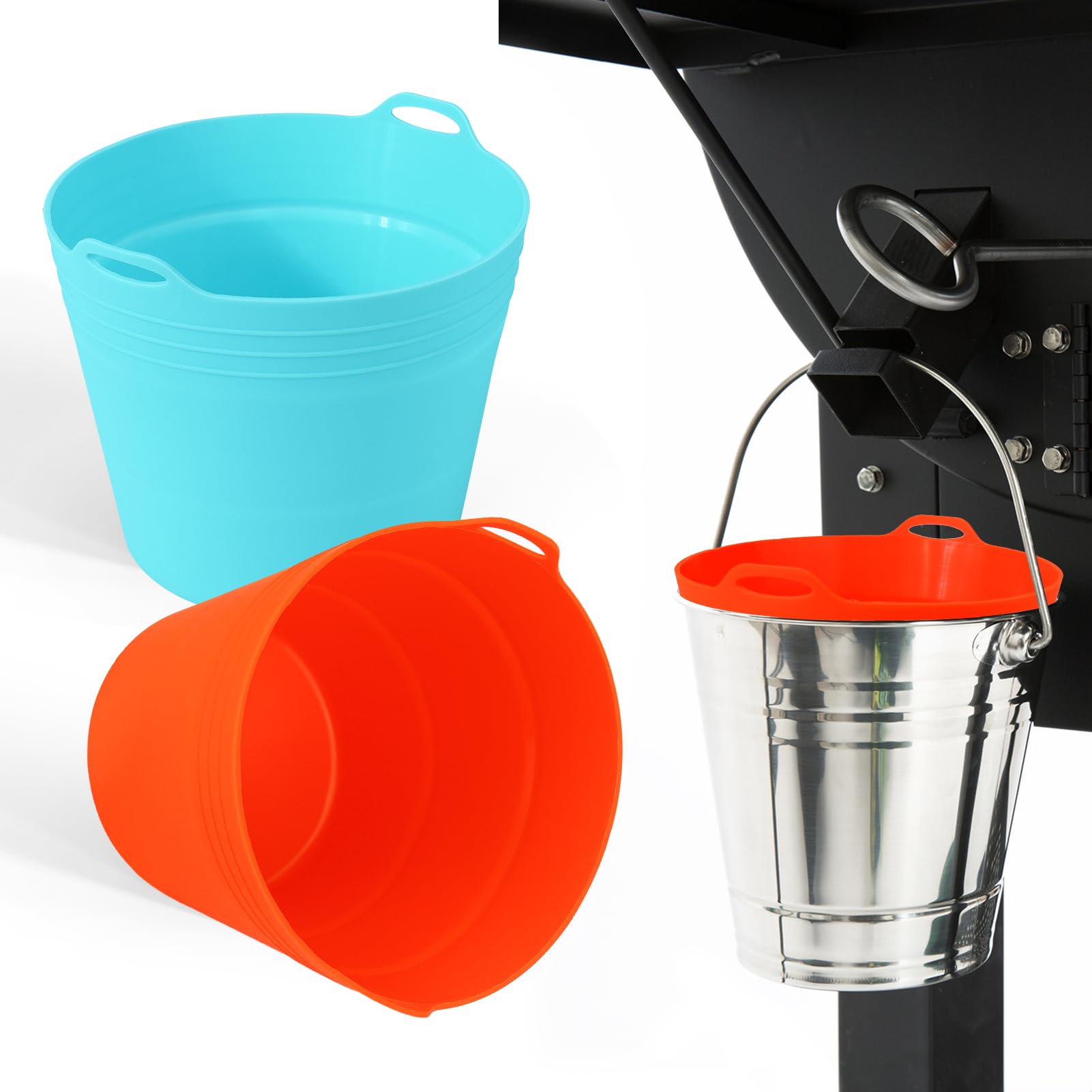 XANGNIER 2Pcs Reusable Silicone Drip Grease Bucket Liner for Traeger/Pit Boss/Z Grills/Kingchii Wood Pellet Smoker Grill Accessories,Foldable with Handle Design,Alternative Disposable Aluminum Liners