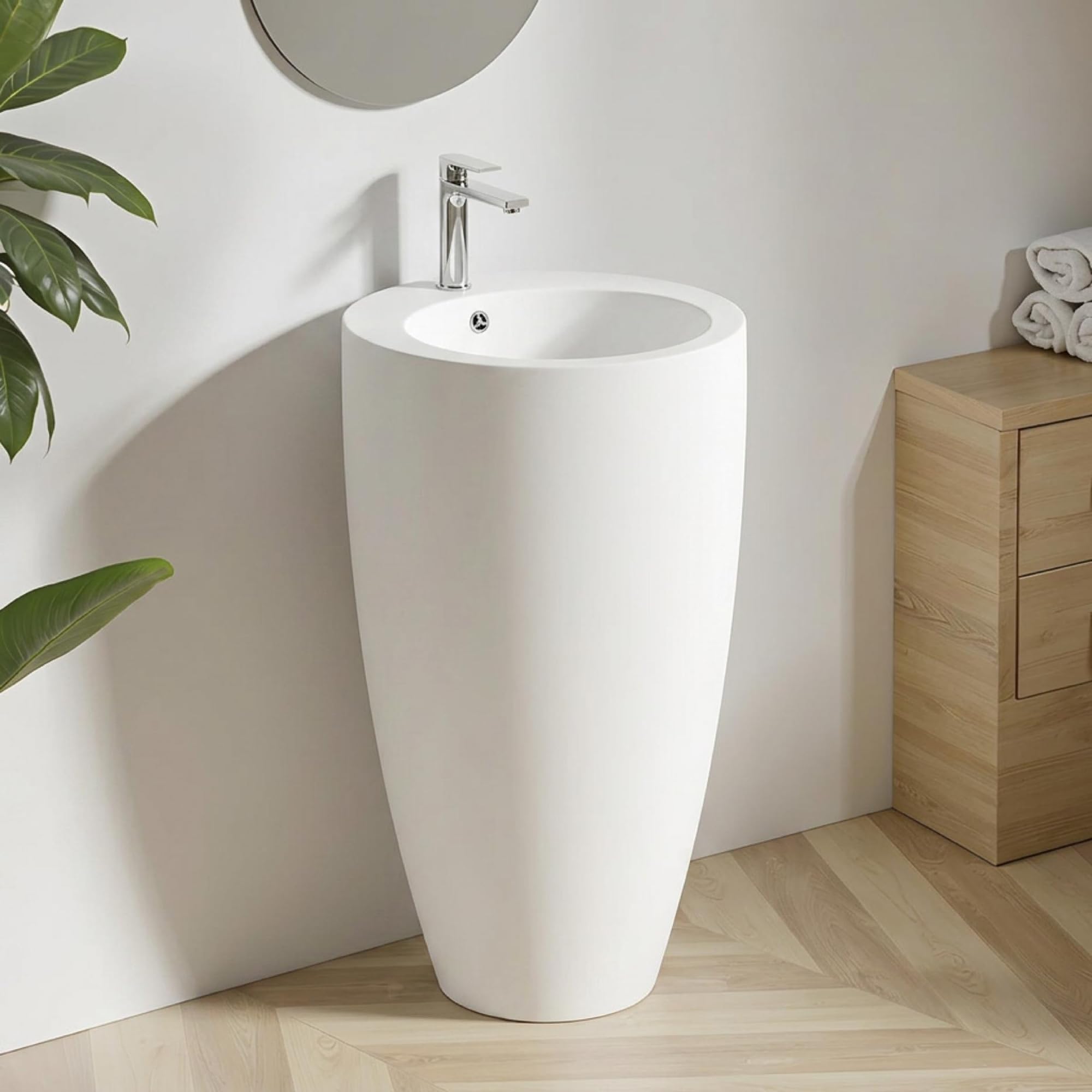 Ola - Lavabo Pedestal Redondo 50 cm - Cerámica Blanco Brillo - 1 Pieza sin Juntas - Herrajes Incluidos