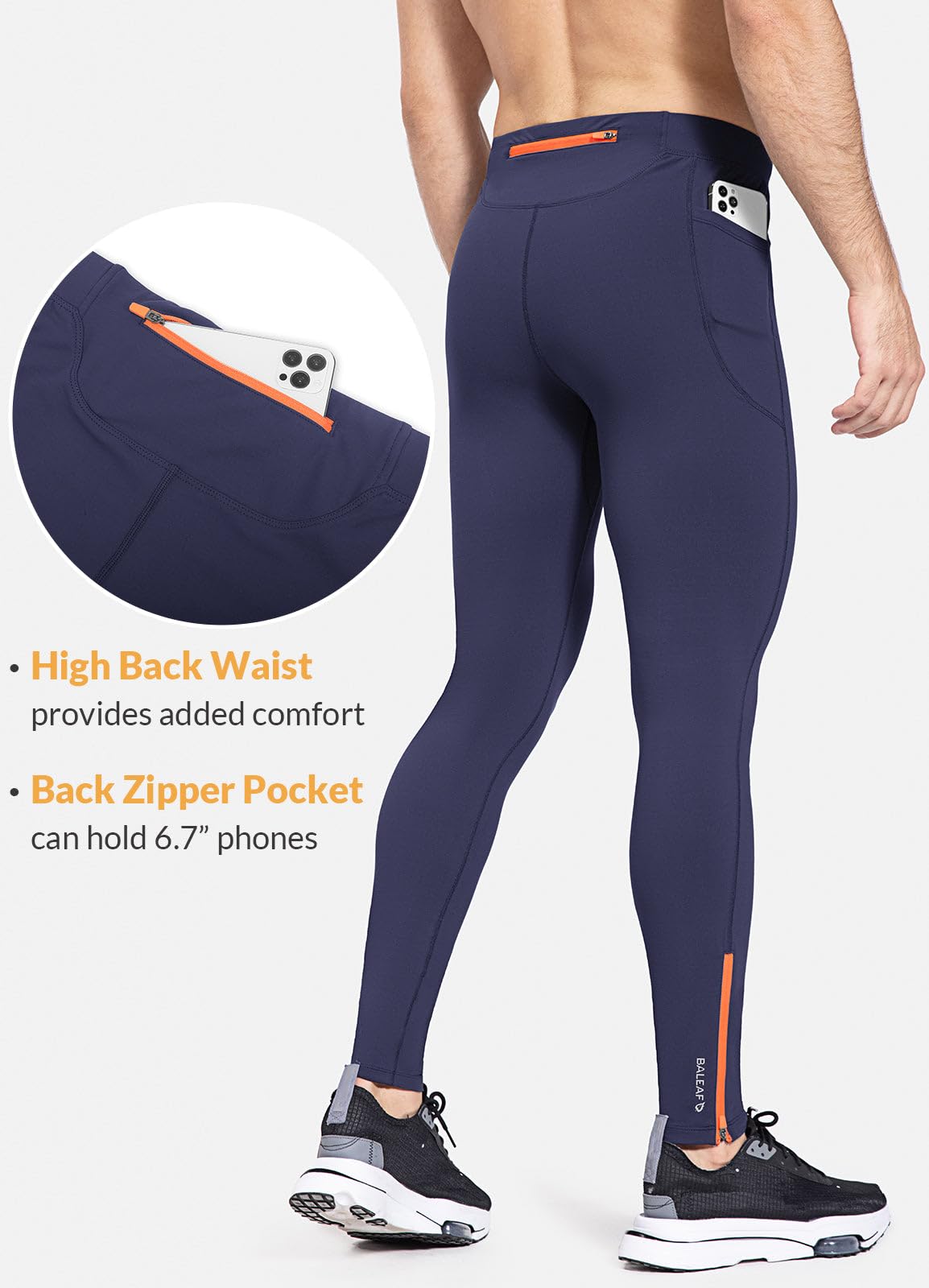 BALEAF Pantalones largos de compresión para hombre, impermeables, térmicos, para correr, con bolsillo con cremallera