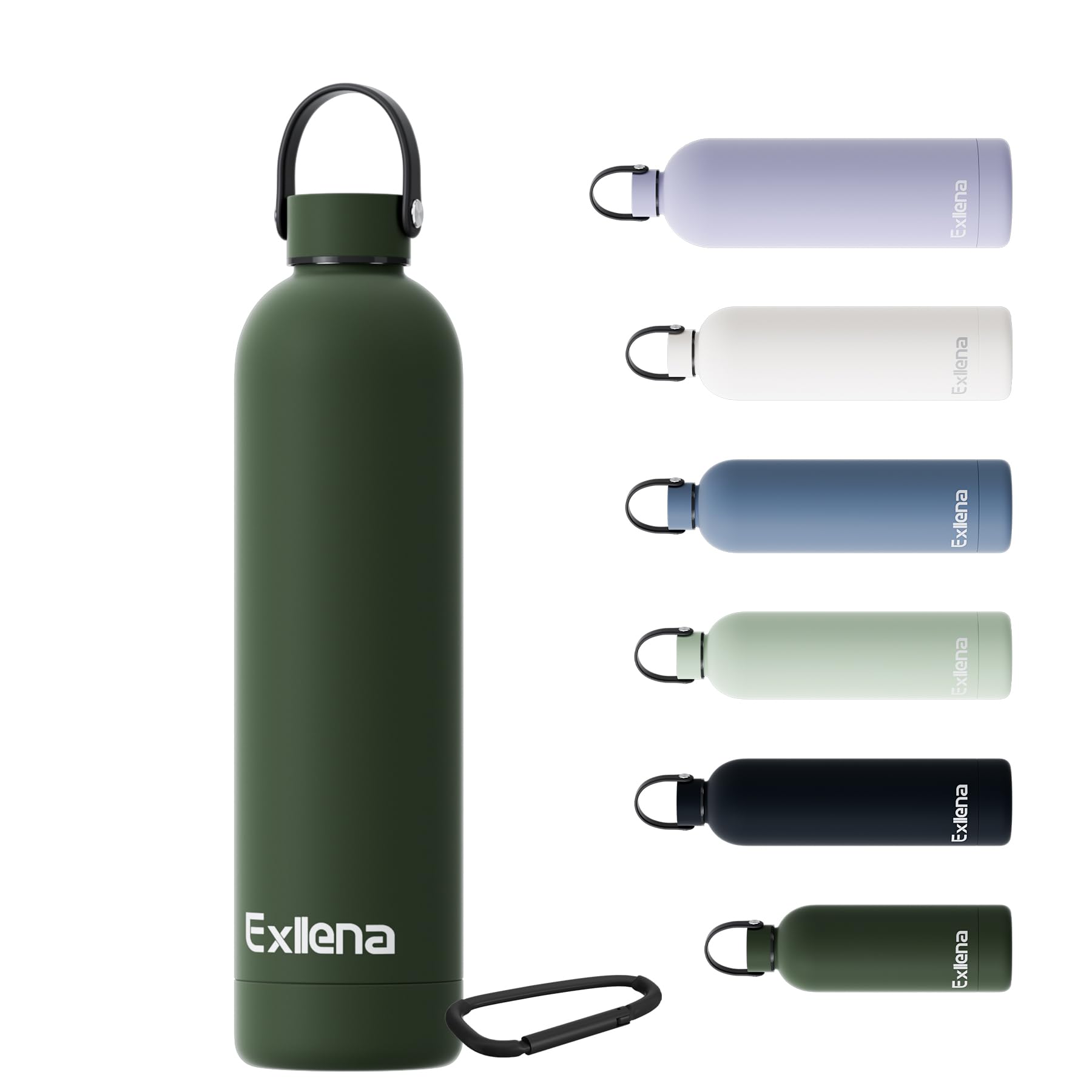 Exllena Borraccia Termica 750 ml con Maniglia e Moschettone - Bottiglia Termica 750ml Mantenere Calore/Freddo - Senza BPA - 100% A Tenuta Stagna per Escursioni, Campeggio, Viaggi...(Verde Pino)