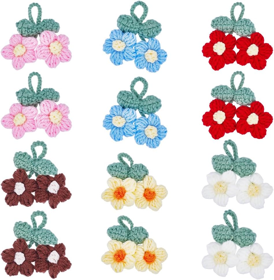 INFUNLY 12PCS Crochet Puff Flower Ornament Colorful Complete Cotton Floral Pendant 6 Color Crochet Flower Charm 5-Petal Flowers Hand-Knitted Hanging for Car Key Purse Bag Phone Charm