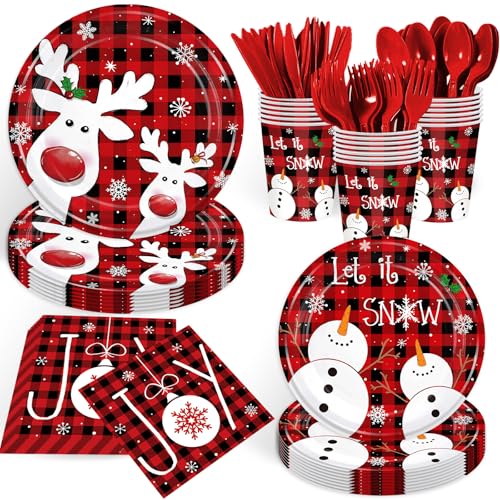 168PCS Christmas Reindeer Party Supplies Kit Xmas Cartoon Elk Party Decoration with Red and Black Plaid Snowflake Snowman Paper Plates Cups Napkins Dinnerware for Home Winter Xmas Holiday Serves 24