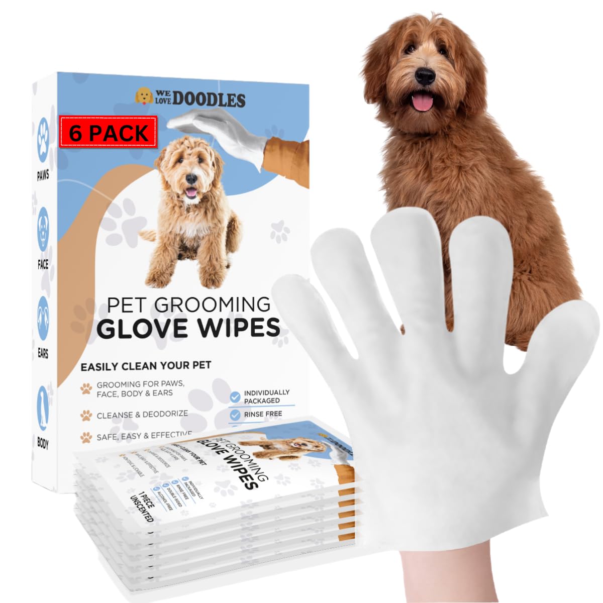 We Love Doodles Dog Cleaning Gloves Wipes - Pet Bathing Wipes for Dogs, Paws, Face, Body, Ears - Safe, Easy & Effective - Individually Packaged,