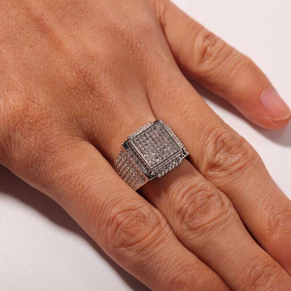 Men’s Bling CZ Hip Hop Ring – 15mm Oversized Square Iced Out Rapper Ring, Gold or Silver Fashion Jewelry