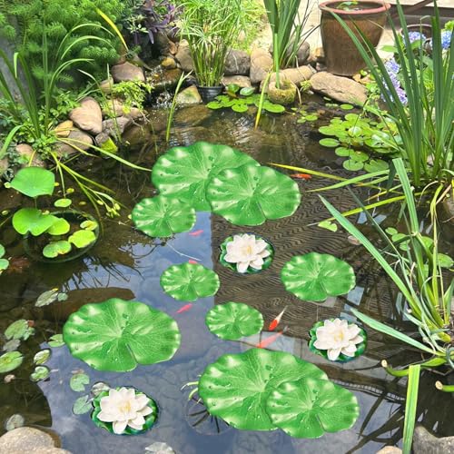 Caelura 9 Stück Schwimmpflanzen Miniteich Deko, Seerosen Künstlich Lotusblätter Set, Schwimmende Teichdeko, realistische Seerosen Pads für Zuhause Garten Teiche Aquarium