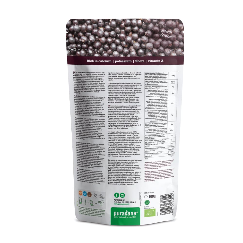 Purasana® Poudre de Baies d’Açaï Bio - Complément Alimentaire Superaliment, Riche en Antioxydants, Renforce l'Immunité, 100% Vegan & Sans Gluten, 100g