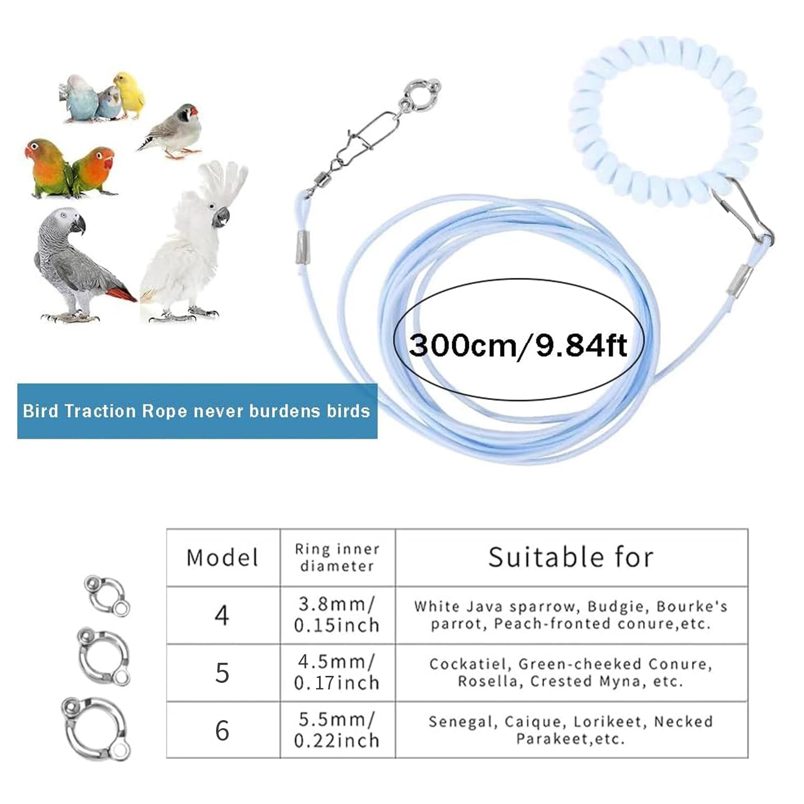 YUISI 300cm Bird Harness, Parrot Toy, with 3 Different Size Foot Ring, with Anti Lost Bracelet, Mini Lightweight Outdoor Bird Harness for Birdsfor Budgies, Cockatiels & Small Birds