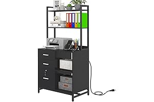 Black 3-Drawer File Cabinet Vertical Printer Stand with Charging Station