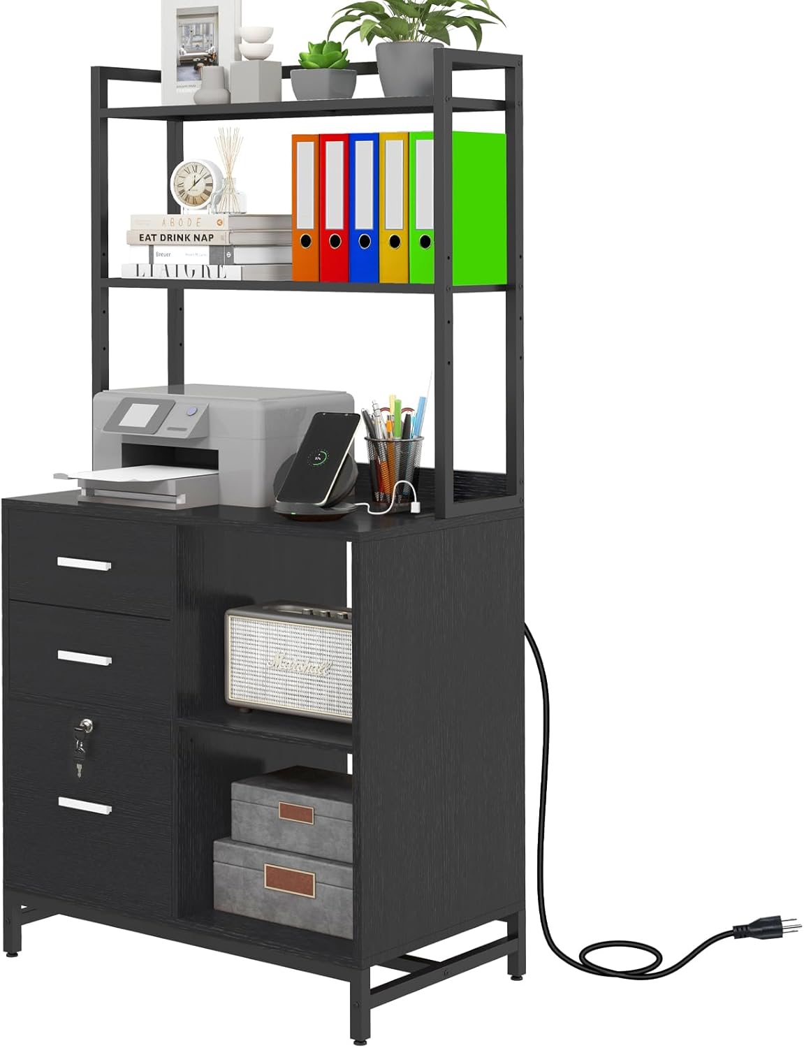 Livofloral File Cabinet with Charging Station, 3 Drawer Filing Cabinet with Bookshelf, Large Printer Stand with Open Storage Shelves for Home Office, Locking File Cabinets Fits Letter/A4 Size, Black
